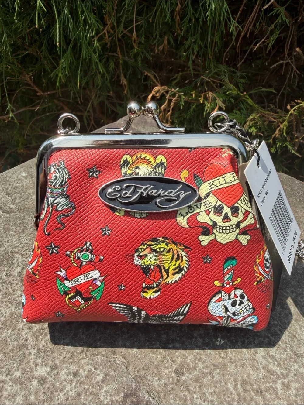 Ed Hardy Red Tattoo-Print Kiss-Lock Shoulder Bag NWT